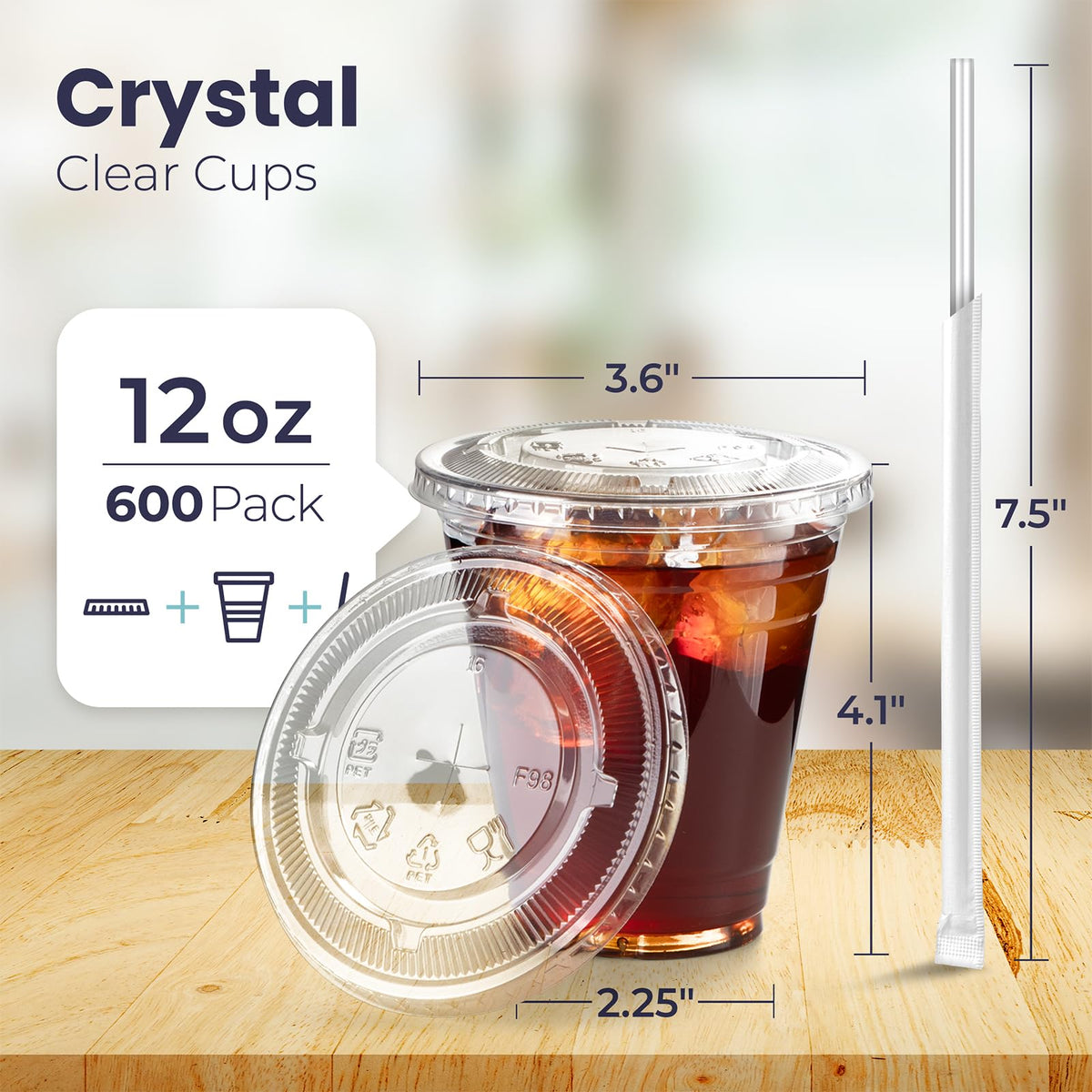 12 oz Clear Plastic Cups with Lids and Straws X46326