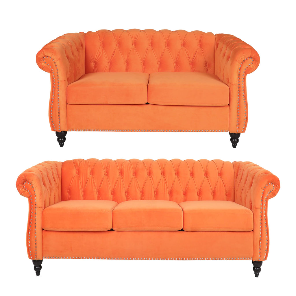 Orange Velvet Tufted Sofa Set U4015