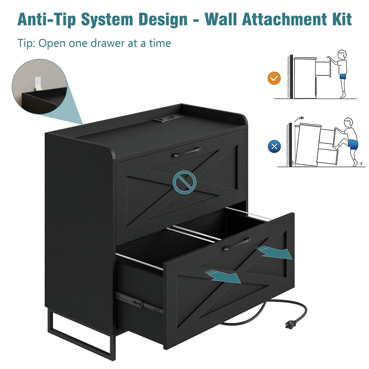 2 Drawer Black File Cabinet with Charging Station I108737