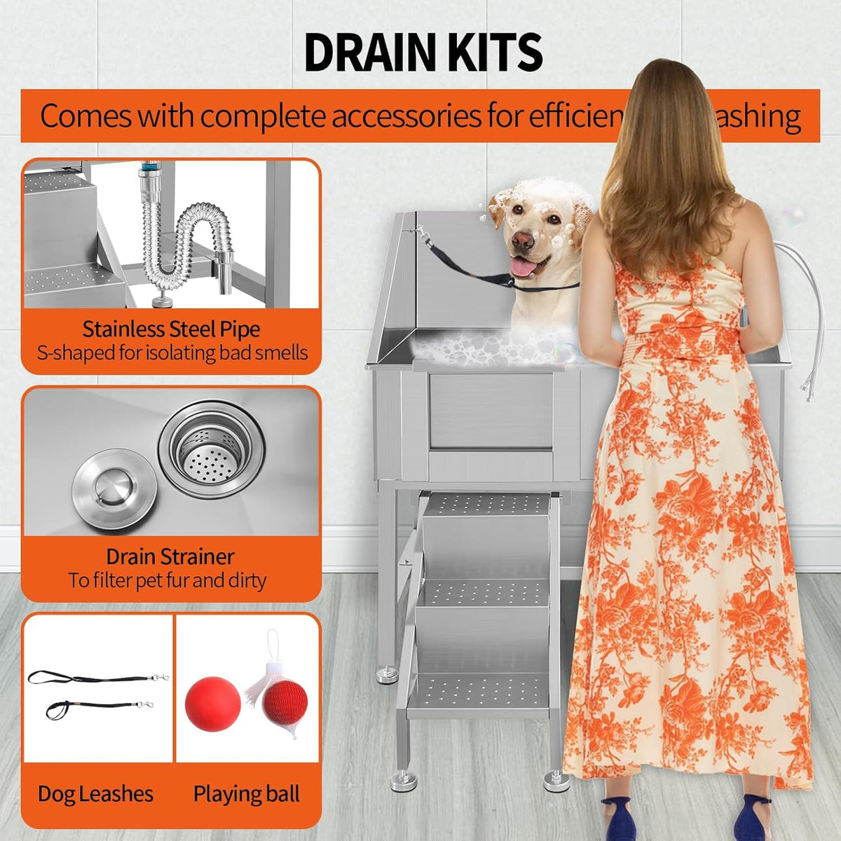 38" Stainless Steel Dog Grooming Tub with Anti-Slip Stairs T780083