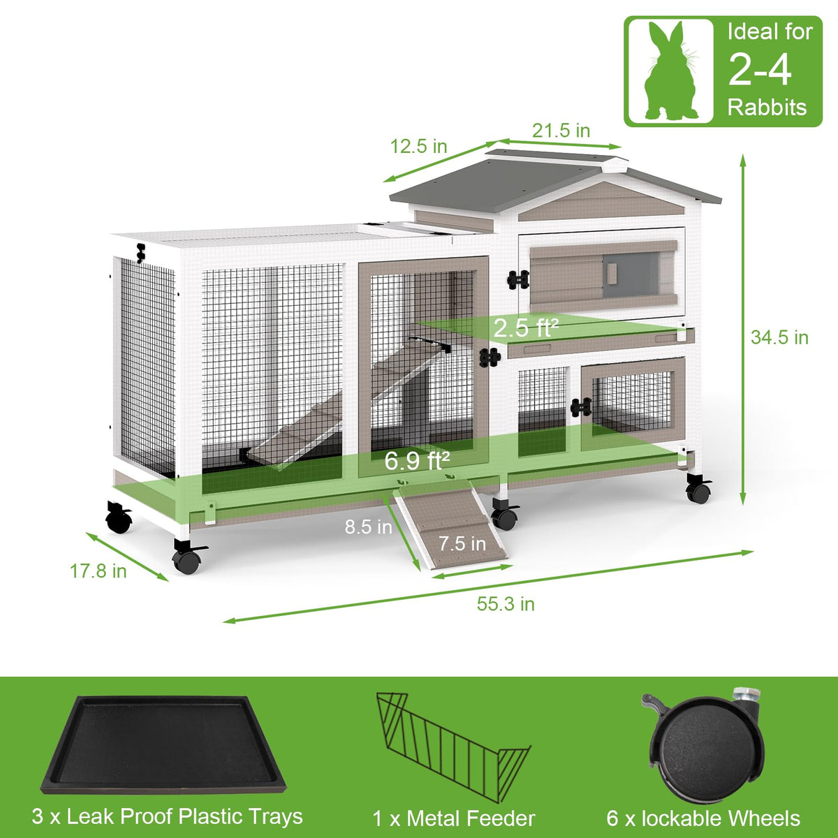 2 Story Wooden Rabbit Hutch with 6 Lockable Wheels H942