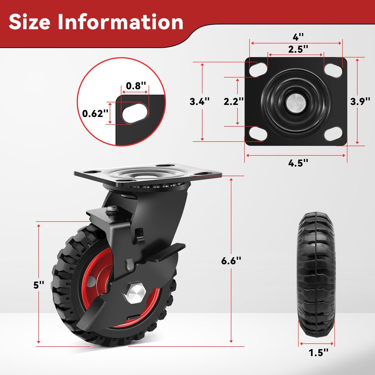 5 Inch Heavy Duty Solid Rubber Casters Set of 4 with Knobby Tread F235