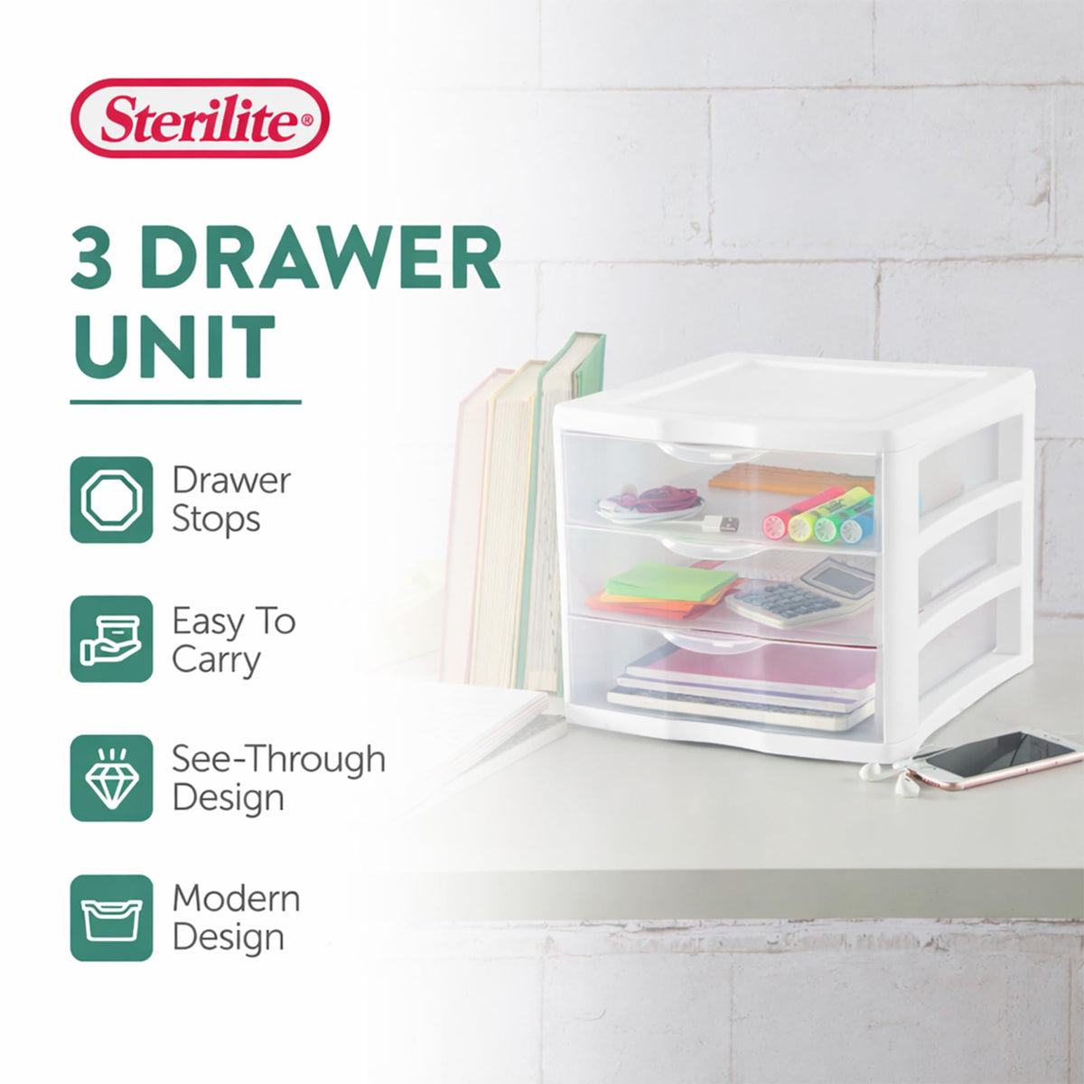 White Plastic 3 Drawer Desktop Storage Unit W267