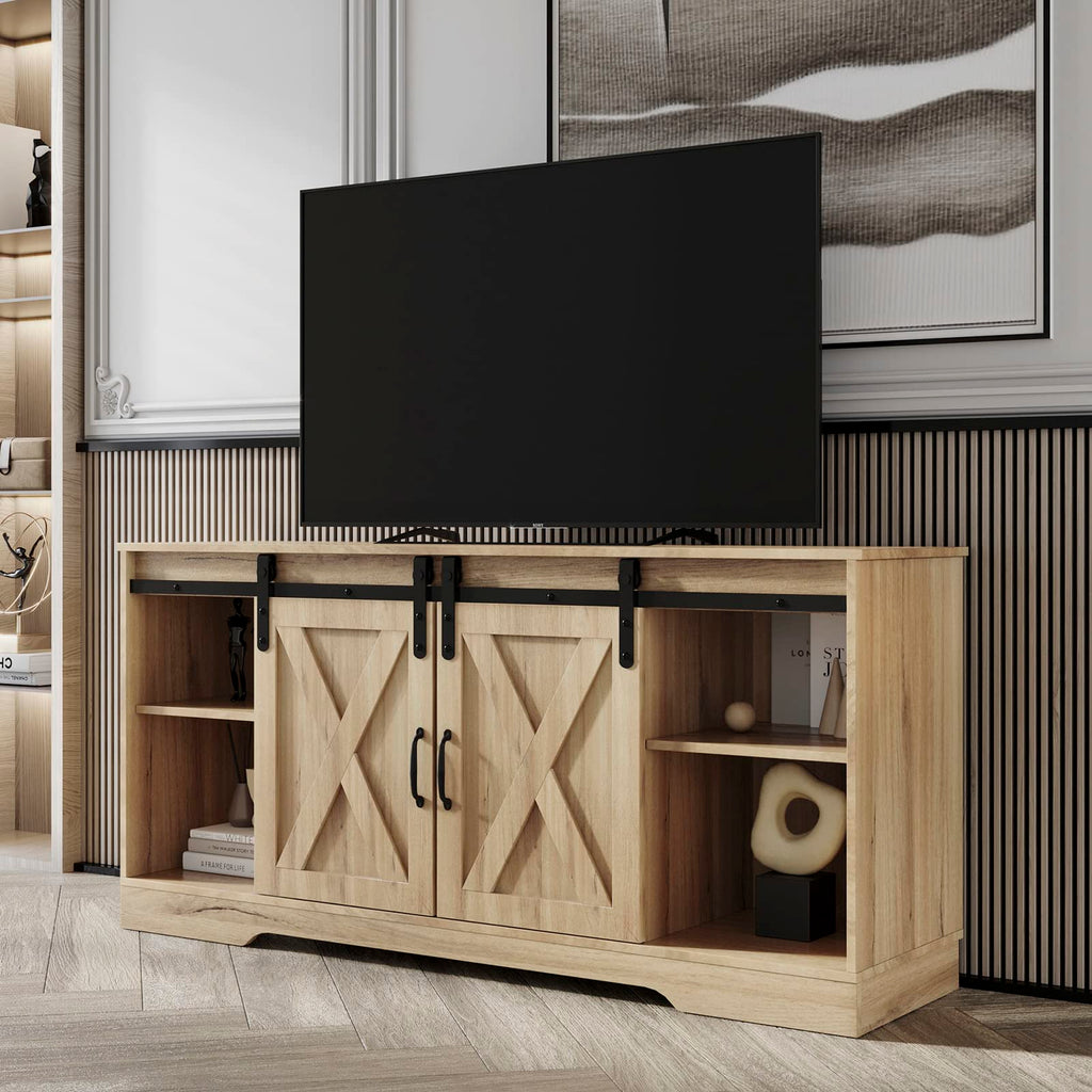 Farmhouse Wood TV Stand with Sliding Barn Door and Storage Cabinet J110489
