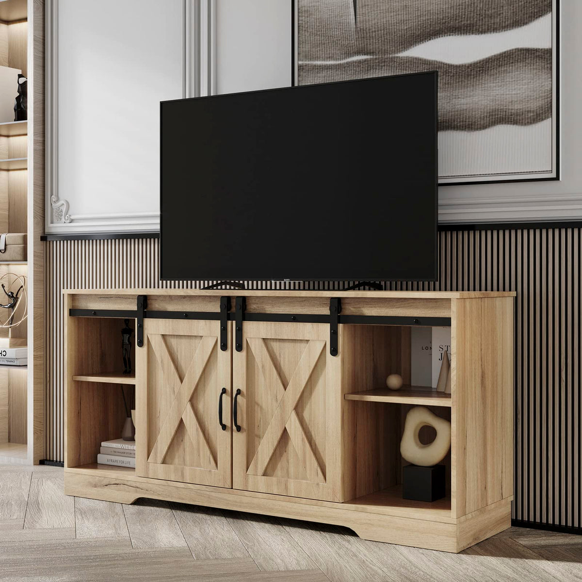 Farmhouse Wood TV Stand with Sliding Barn Door and Storage Cabinet J110489
