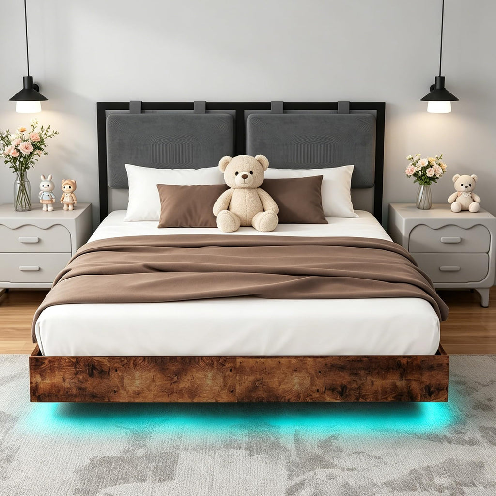 Full Size Floating Bed Frame with LED Lights and Adjustable Headboard A49647