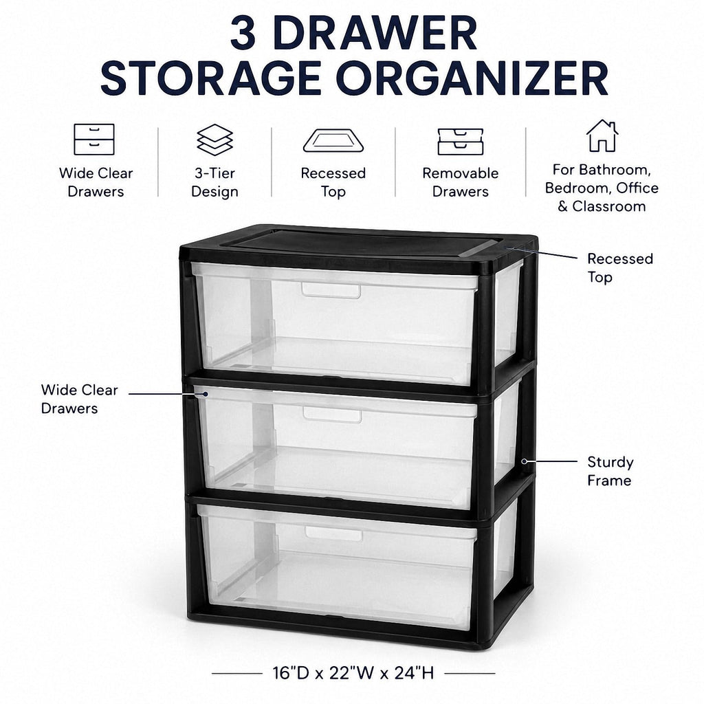Black 3 Drawer Plastic Storage Tower T462372