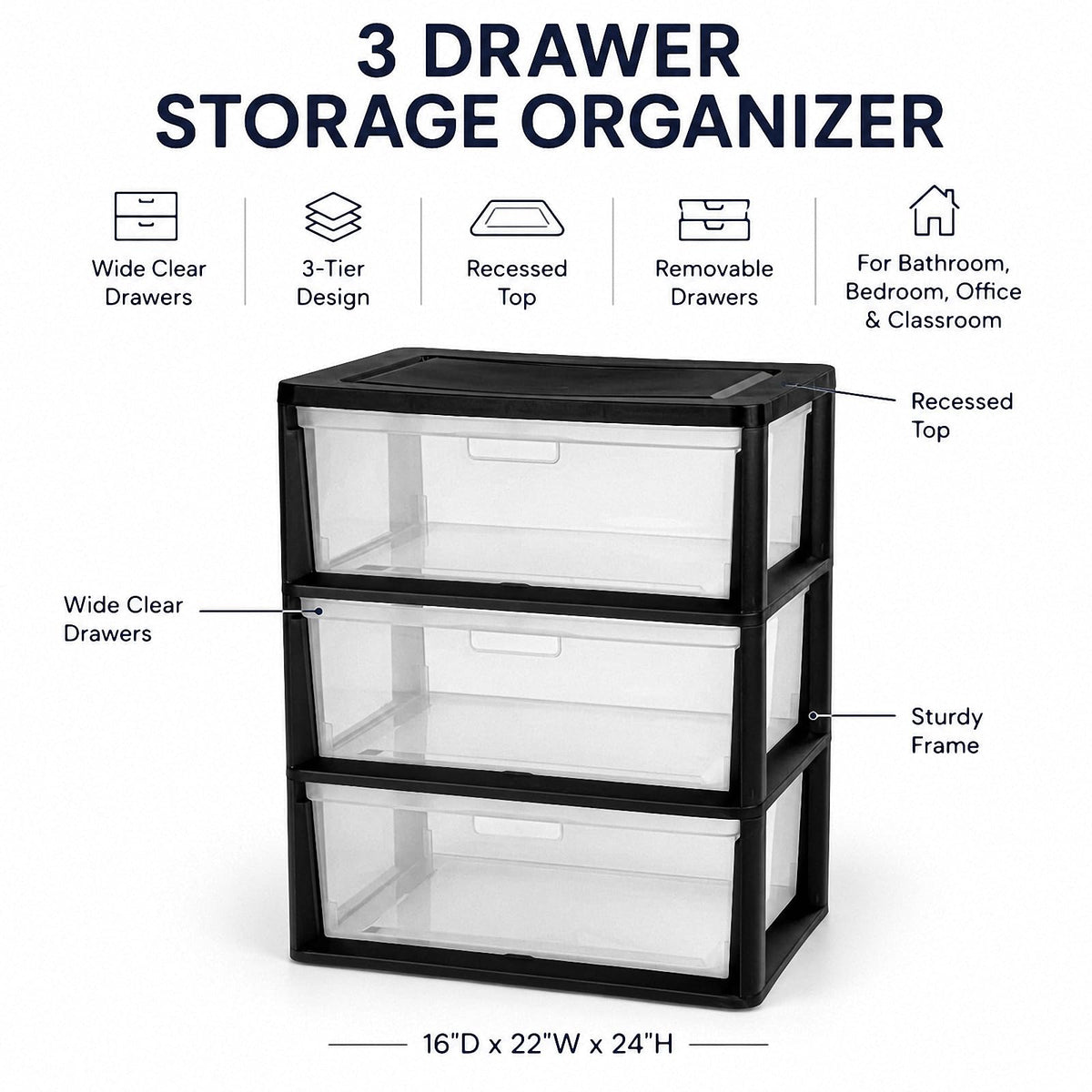 Black 3 Drawer Plastic Storage Tower T462372