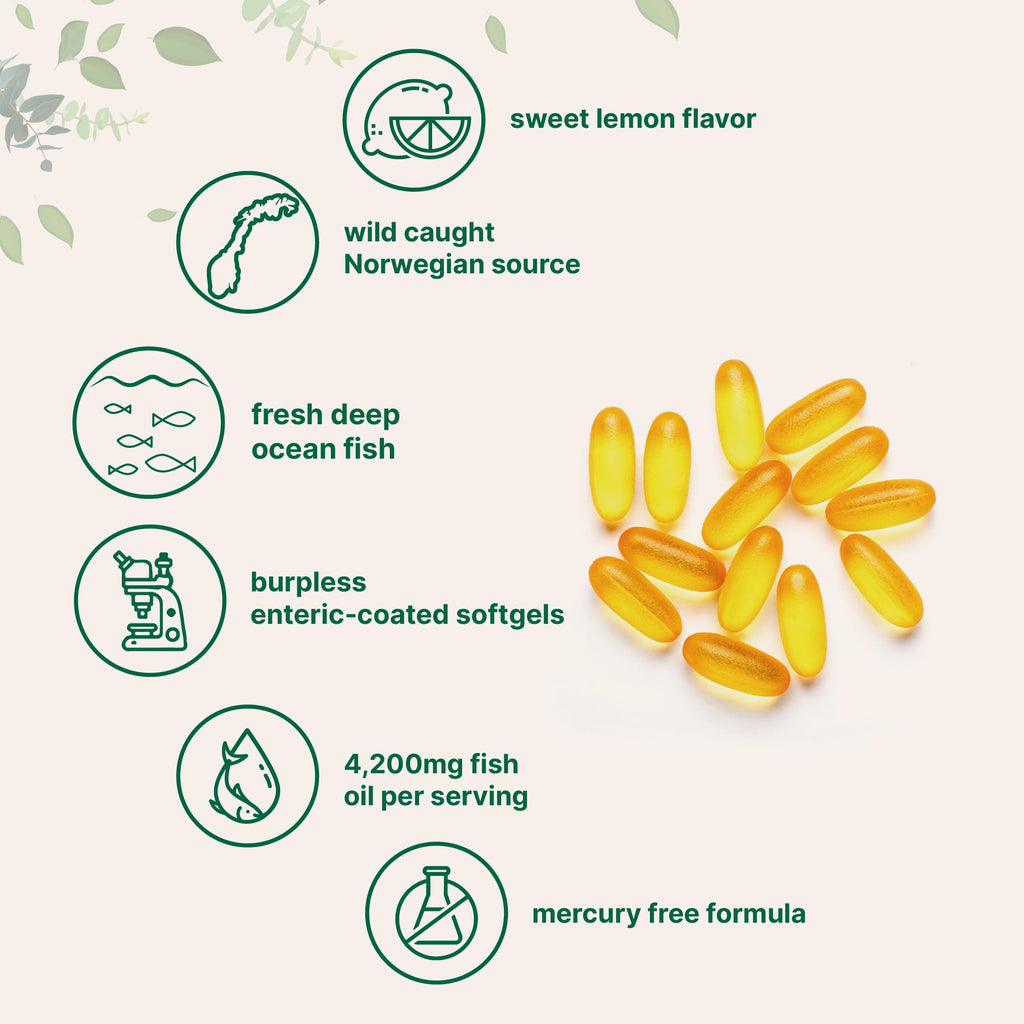 Omega 3 Fish Oil 4200mg & Cod Liver Oil 2000mg 360 Softgels Lemon Flavored E399