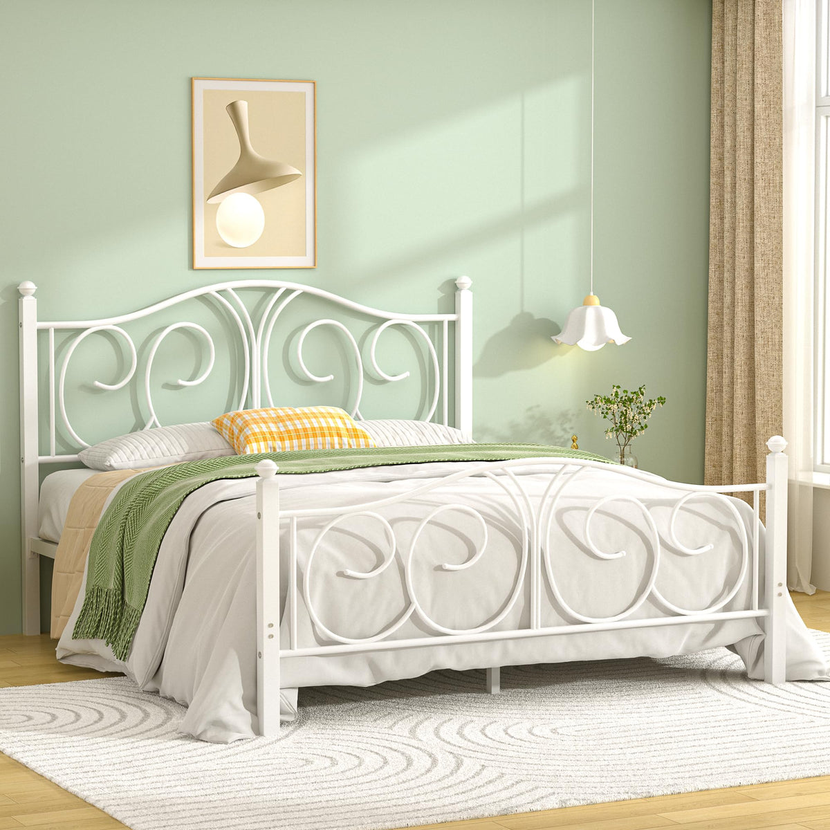 Full Size Pure White Metal Platform Bed Frame with Headboard and Footboard R6723