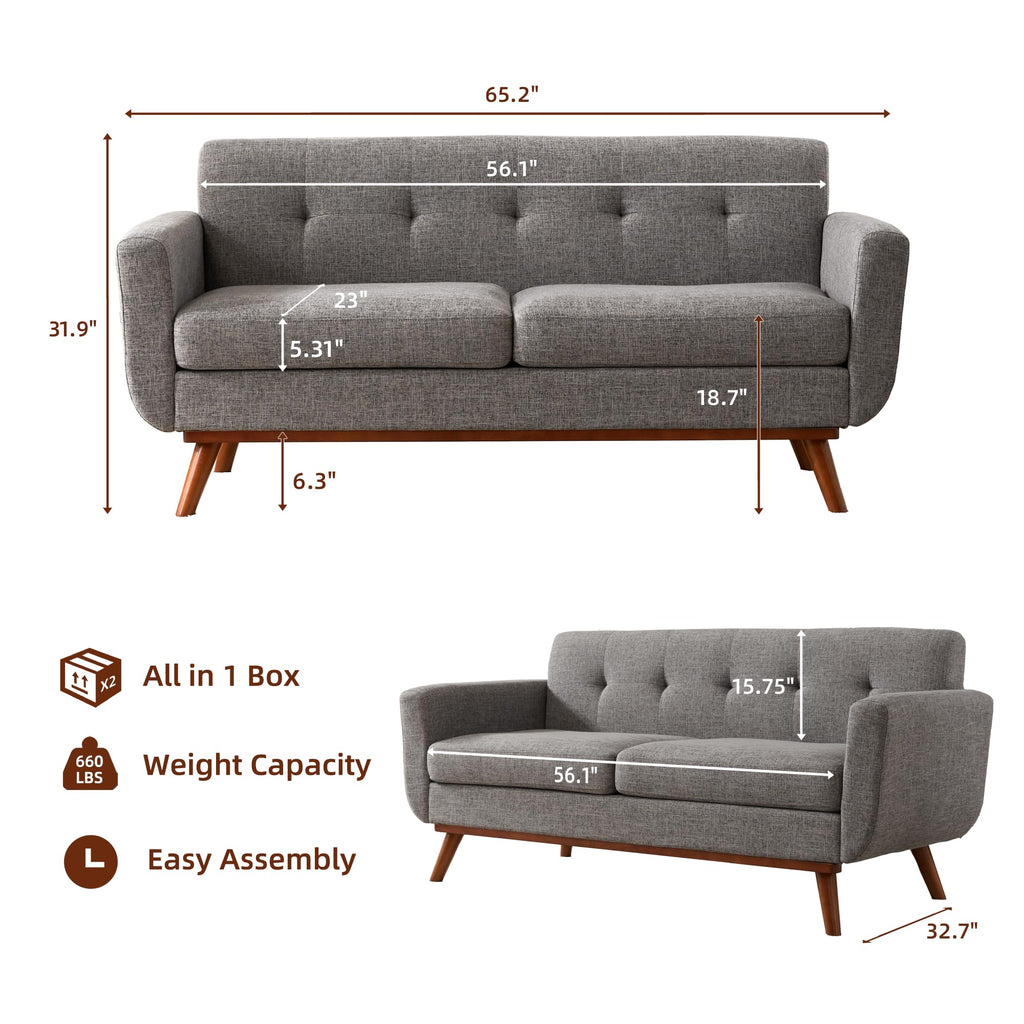 65.2" W Grey Button Tufted Loveseat Sofa Z1014
