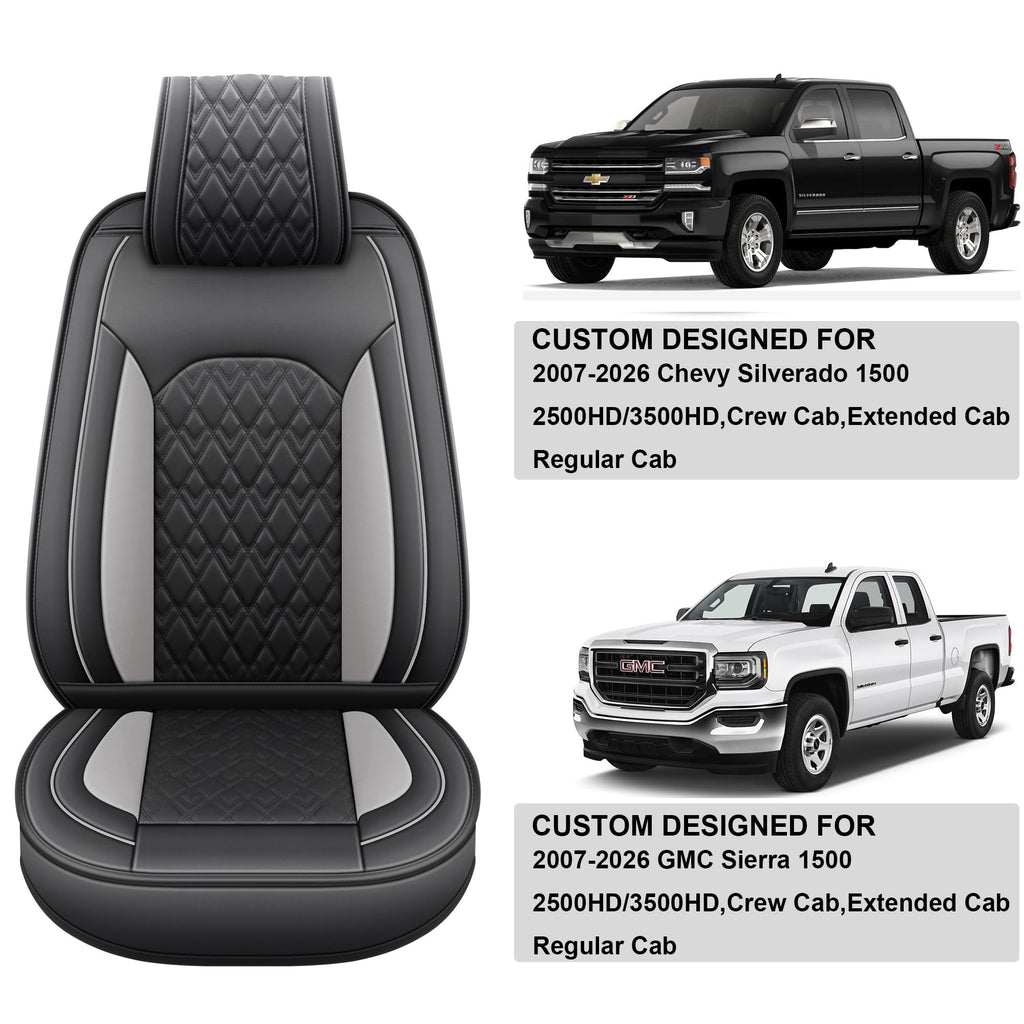Leather Seat Covers for Chevy Silverado GMC Sierra, Custom Fit, Front Pair, Black Grey N4095