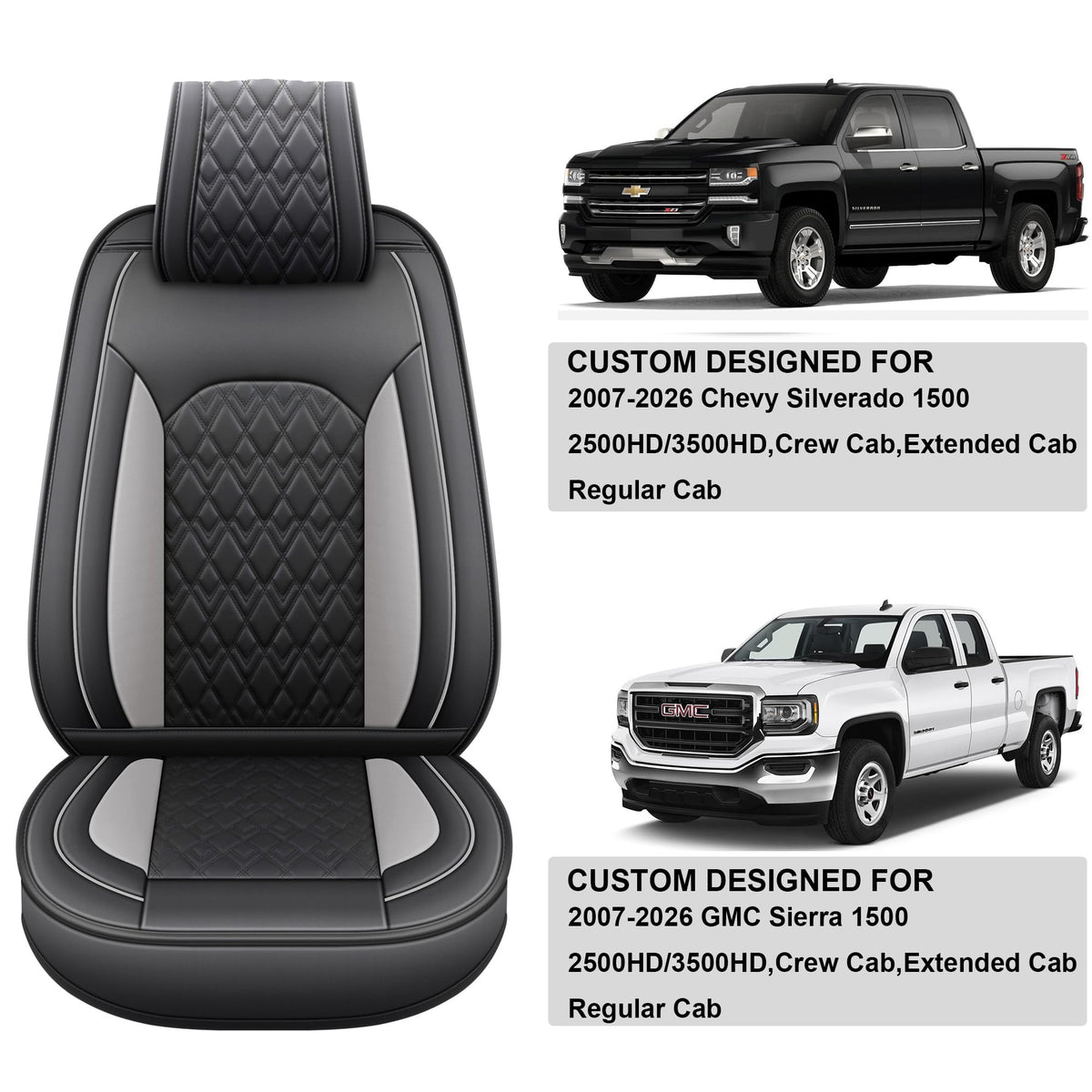 Leather Seat Covers for Chevy Silverado GMC Sierra, Custom Fit, Front Pair, Black Grey N4095