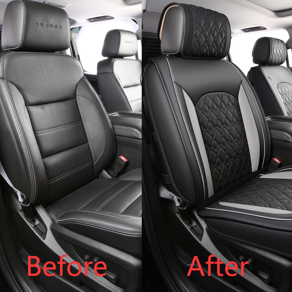 Leather Seat Covers for Chevy Silverado GMC Sierra, Custom Fit, Front Pair, Black Grey N4095