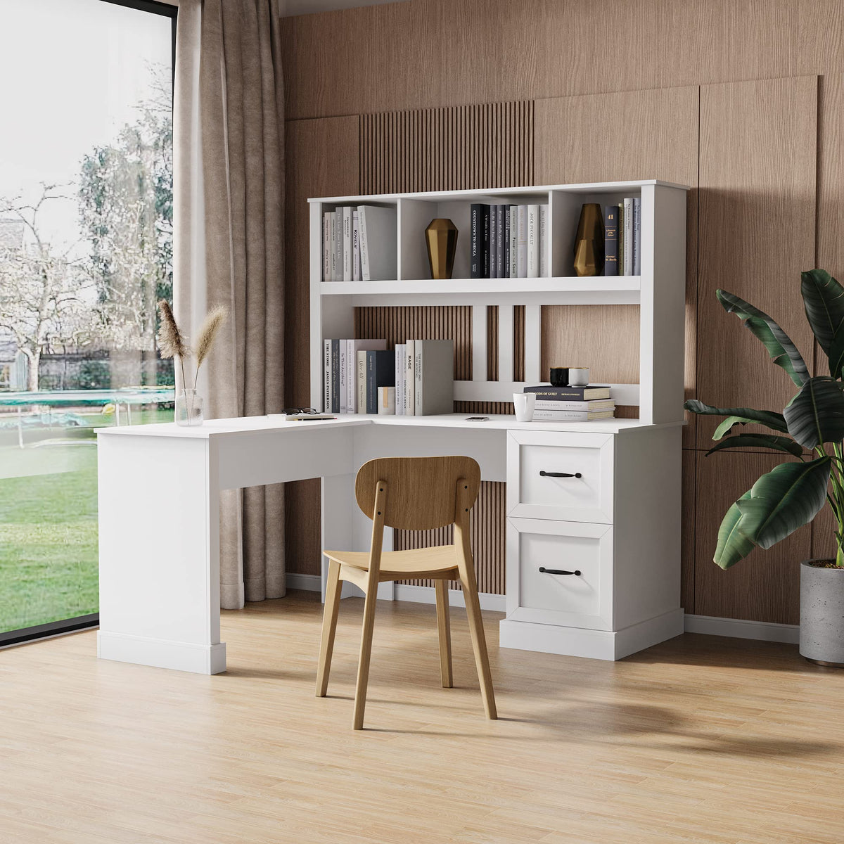 L Shaped Desk with Hutch, Drawer & Shelves, White G992