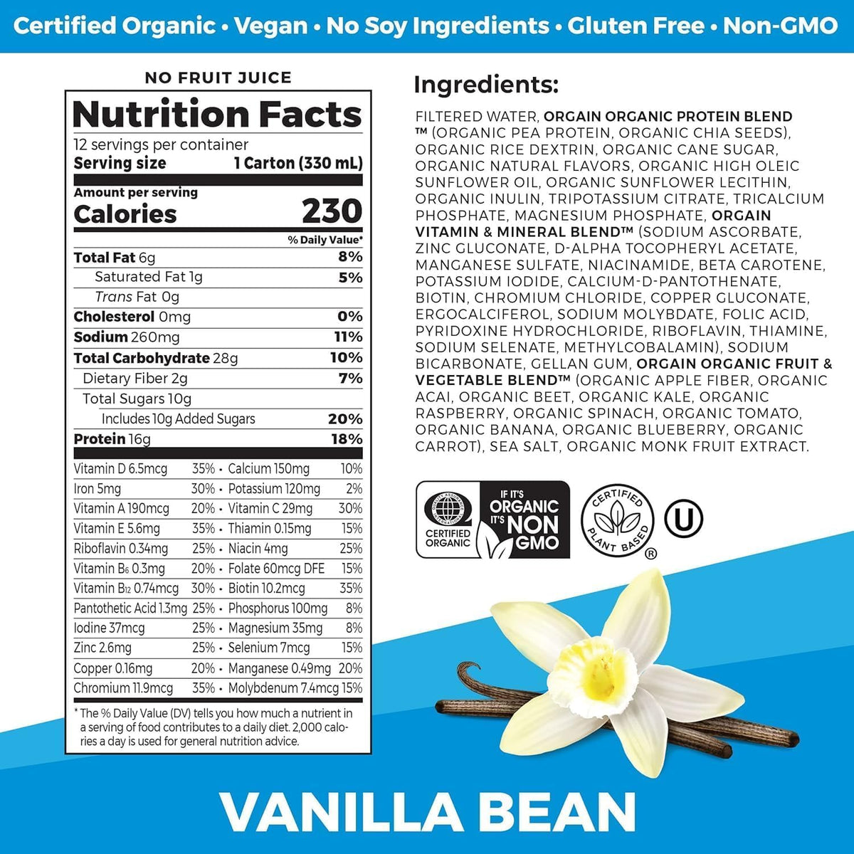 Organic Vegan Protein Shake Smooth Chocolate & Vanilla Bean 16g 11 Fl Oz X980020