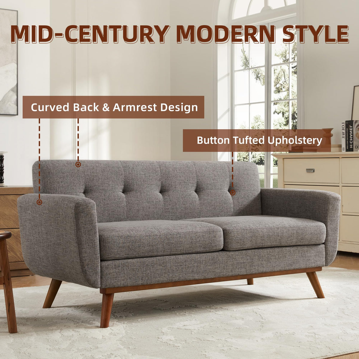 65.2" W Grey Button Tufted Loveseat Sofa Z1014