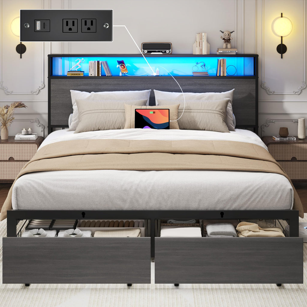 Rustic Grey Full Bed Frame with Charging Station W12828
