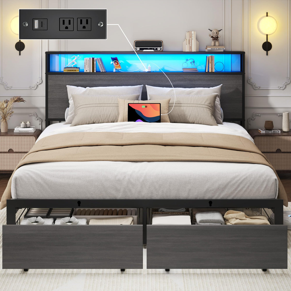 Rustic Grey Full Bed Frame with Charging Station W12828