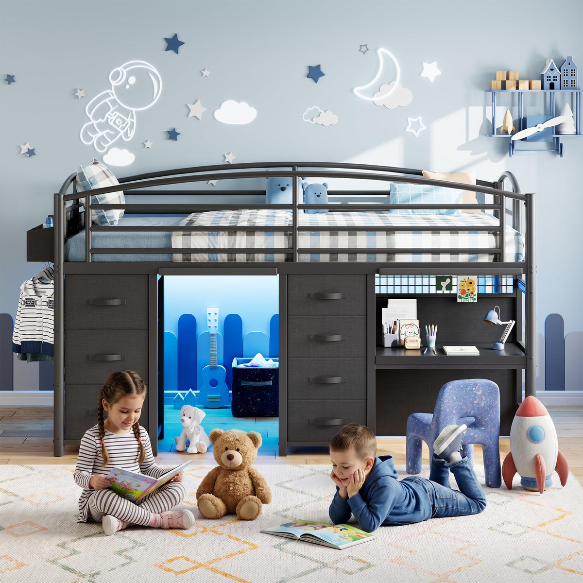 Twin Size Low Loft Bed with 7 Storage Drawers, Desk and LED Lights, Black O676306