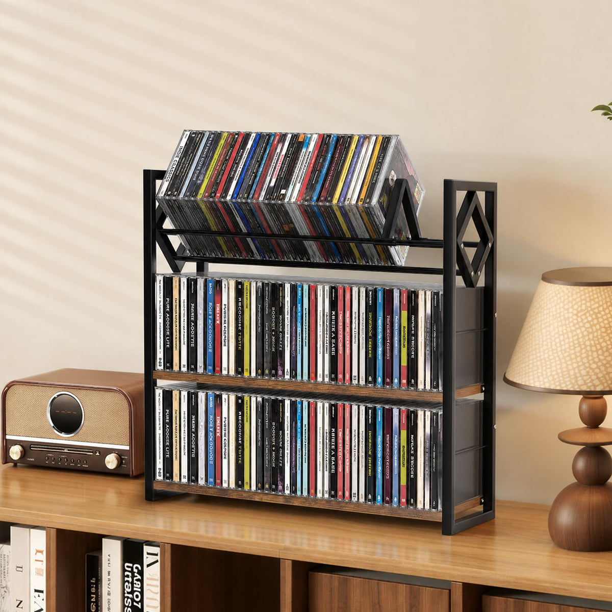 3-Tier Wooden and Metal CD Storage Rack Q2665