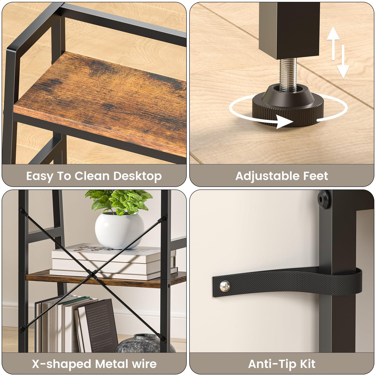 4-Tier Industrial Bookshelf with Steel Frame I8227