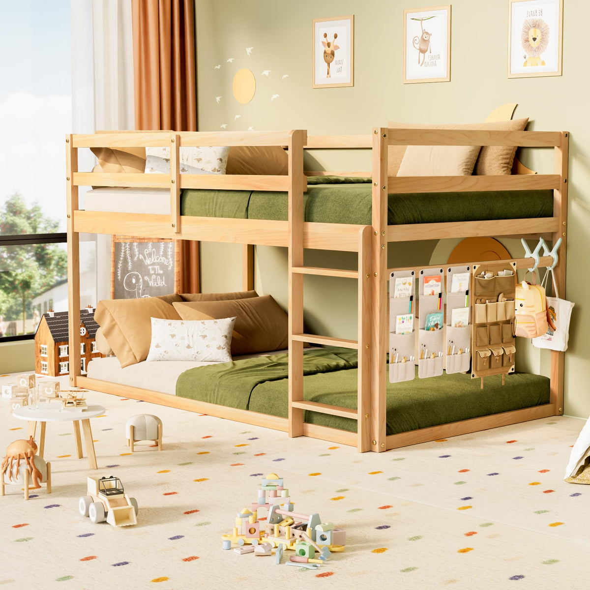 Twin Over Twin Low Bunk Bed with Ladder and Guardrails S785