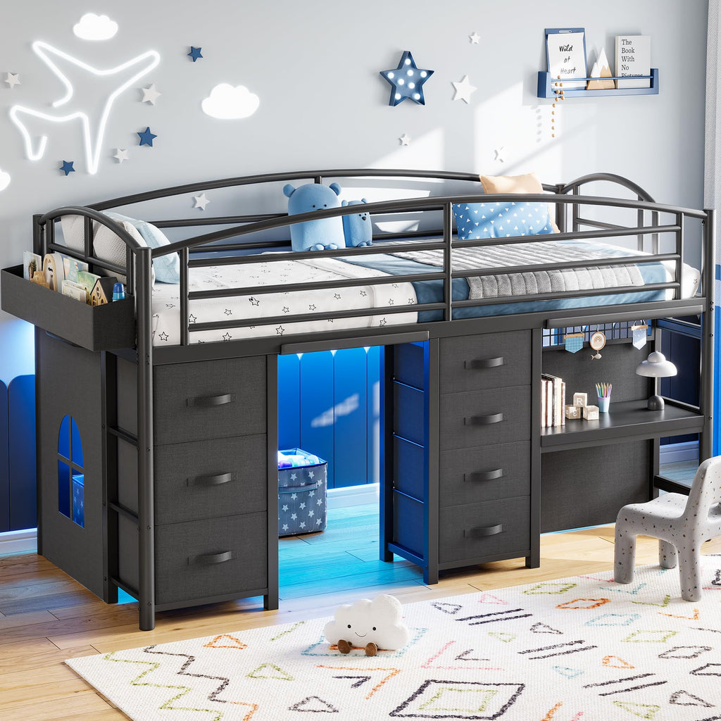 Twin Size Low Loft Bed with 7 Storage Drawers, Desk and LED Lights, Black O676306