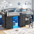 Twin Size Low Loft Bed with 7 Storage Drawers, Desk and LED Lights, Black O676306