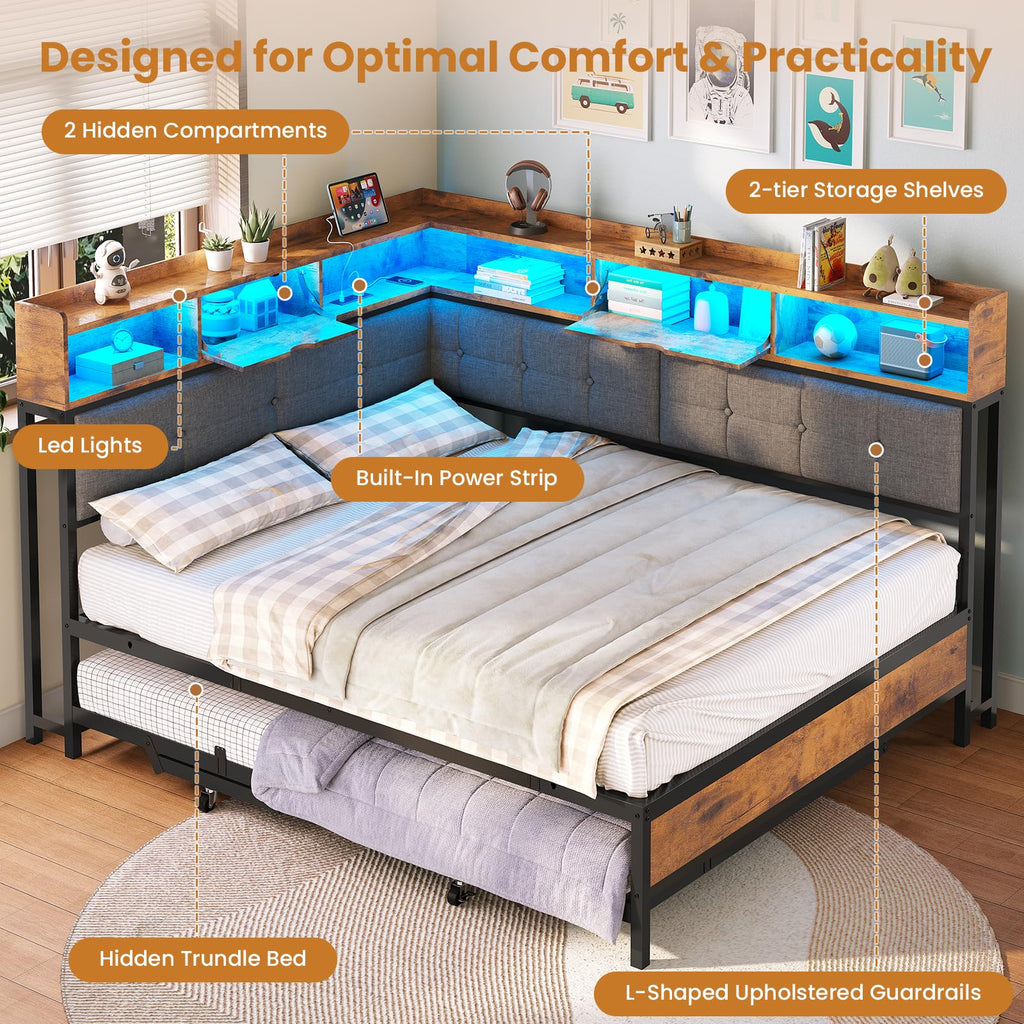 Black Corner Full Bed Frame with Trundle H76432