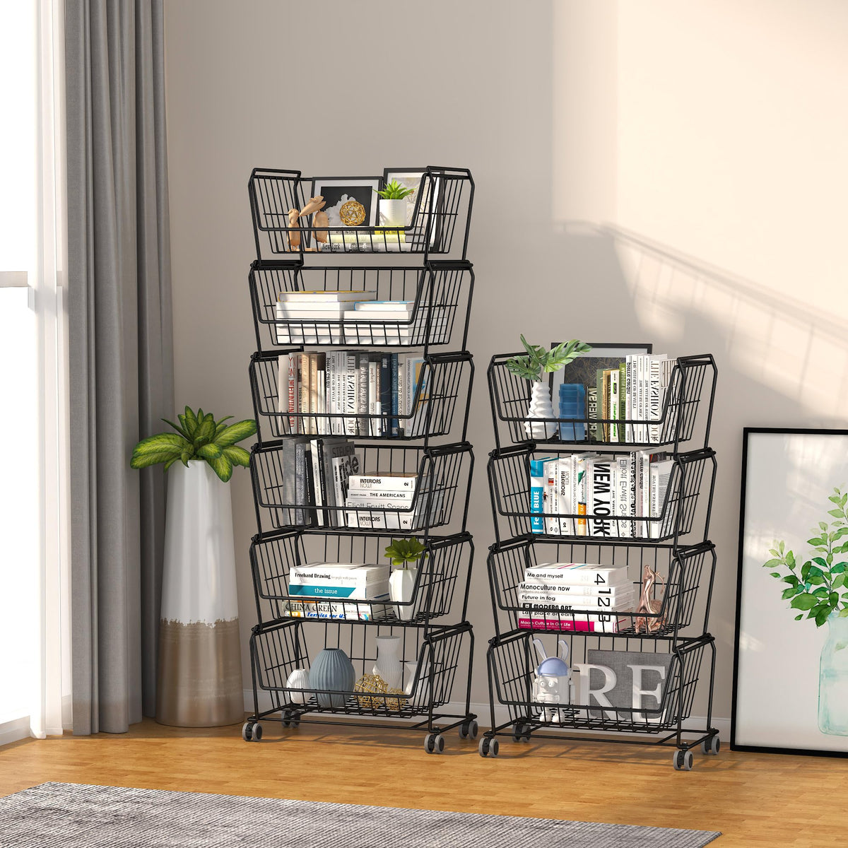 4-Tier Stackable Wire Storage Baskets with Wheels W985
