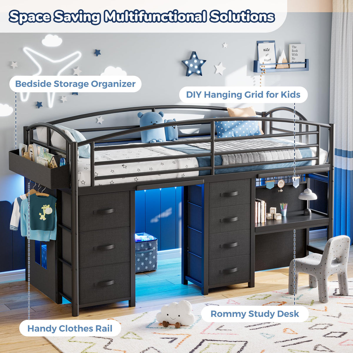 Twin Size Low Loft Bed with 7 Storage Drawers, Desk and LED Lights, Black O676306