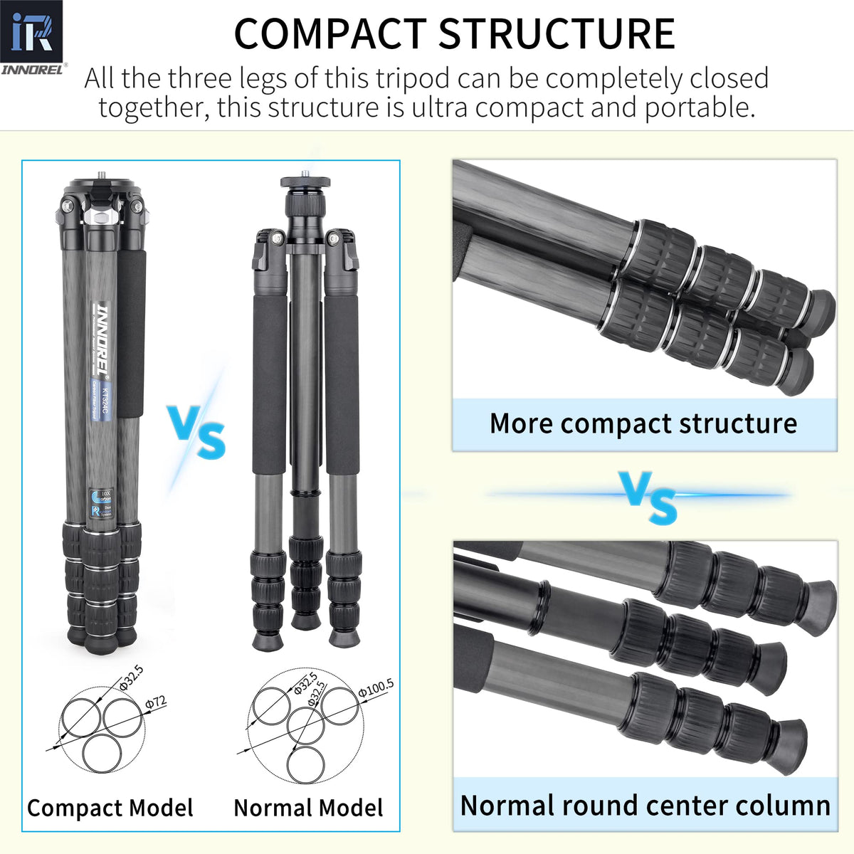Carbon Fiber Tripod Without Head Portable Compact Travel Tripod 55lbs Max Load D244