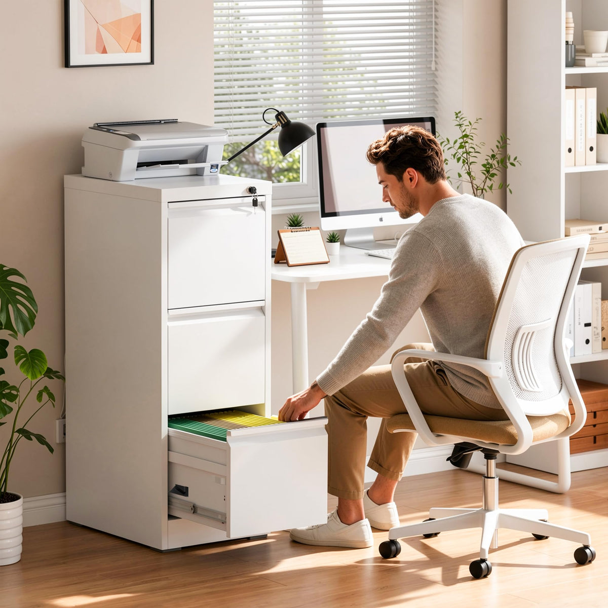 White 3 Drawer Metal File Cabinet with Lock Q77286
