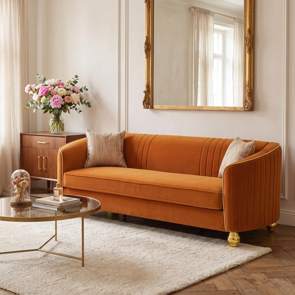Velvet Modern Sofa Couch 3-Seater Deep Seat Sofa, Orange Y68590