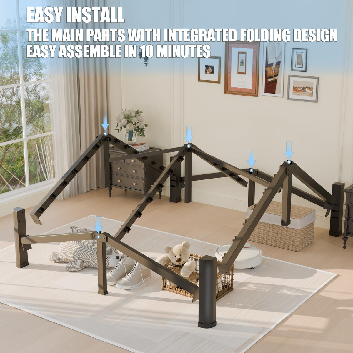 Queen Bed Frame with Headboard Hole and Steel Slats Support N8980