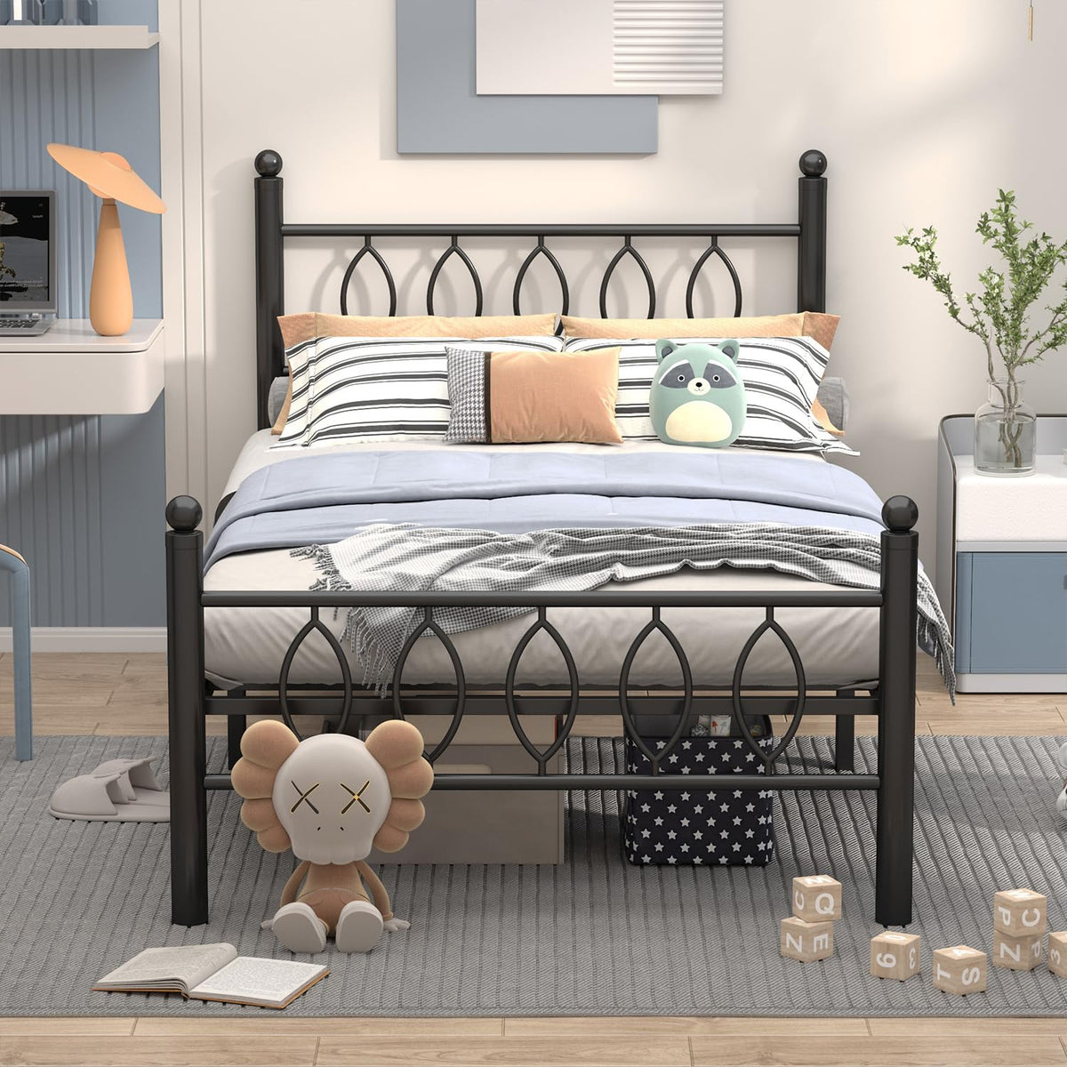 Black 14 Inch Metal Platform Twin Bed Frame with Headboard B2174