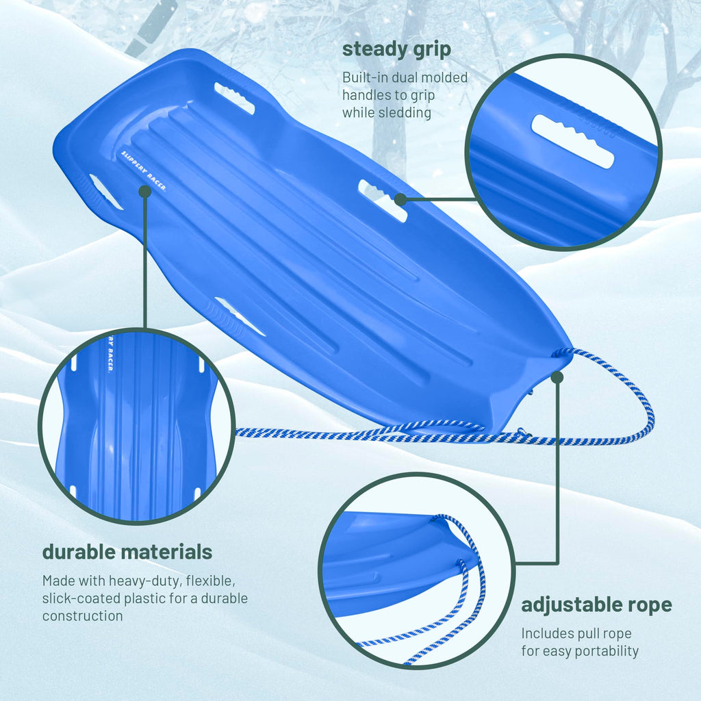 Kids Plastic Snow Sled with Pull Rope and Handles, Blue J586906