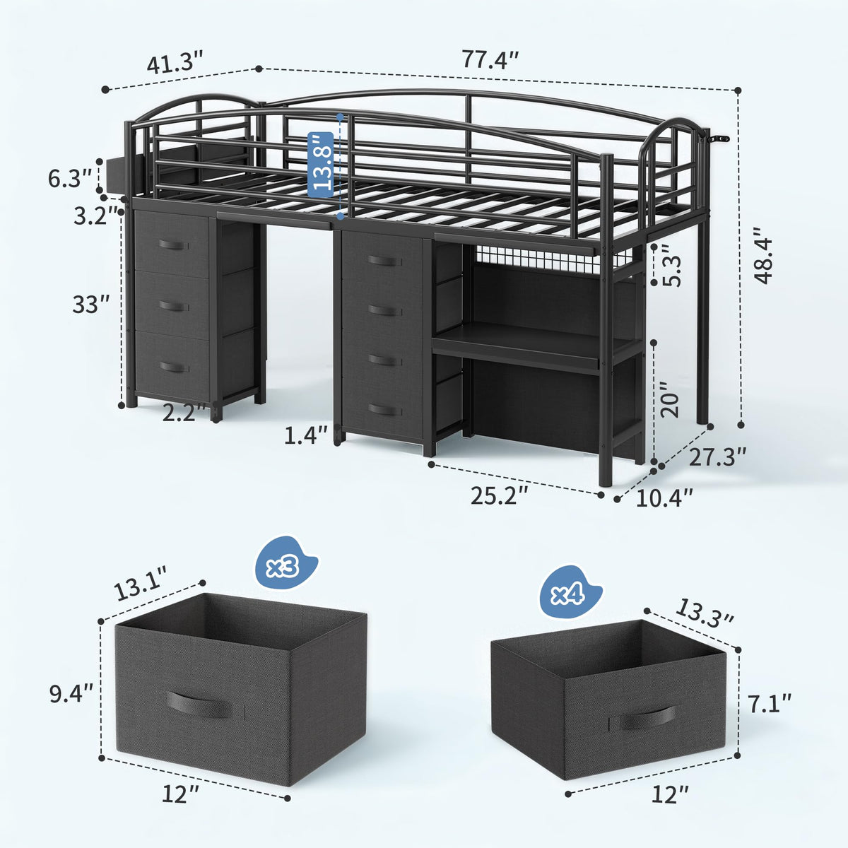 Twin Size Low Loft Bed with 7 Storage Drawers, Desk and LED Lights, Black O676306
