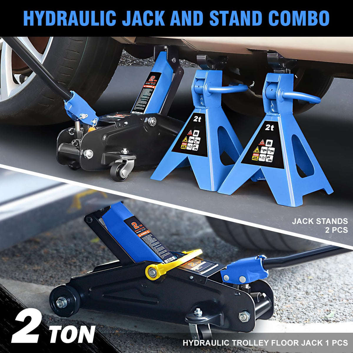 Low Profile Hydraulic Trolley Floor Jack with 2 Ratchet Jack Stands, 2 Ton Capacity, Blue S6627