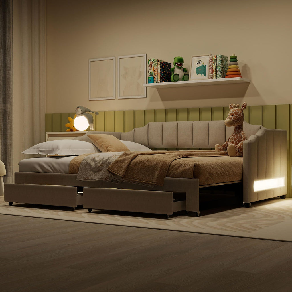 Twin XL to King Extendable Upholstered Daybed Frame with 2 Storage Drawers Y43329