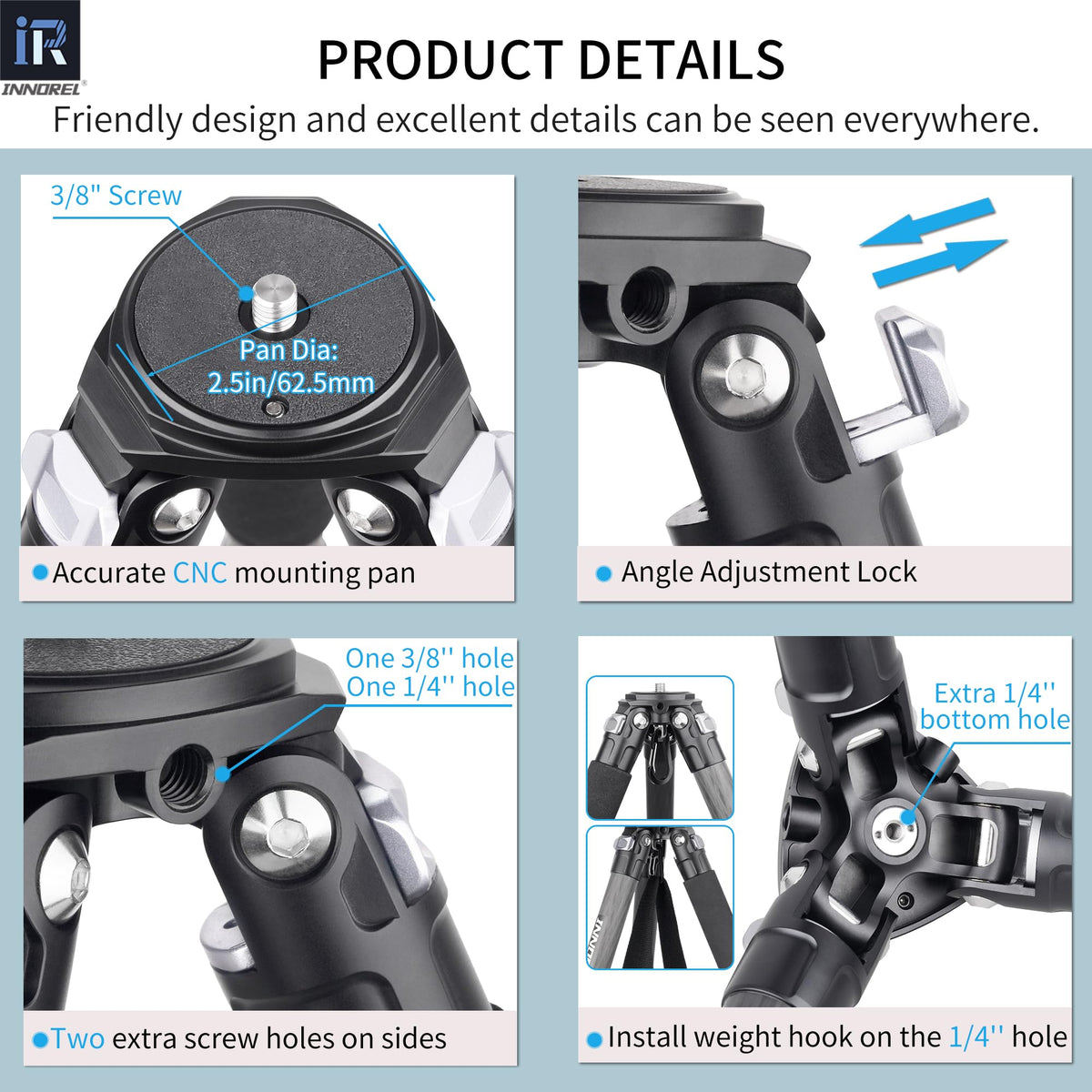 Carbon Fiber Tripod Without Head Portable Compact Travel Tripod 55lbs Max Load D244