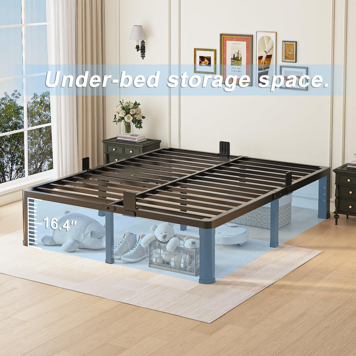 Queen Bed Frame with Headboard Hole and Steel Slats Support N8980