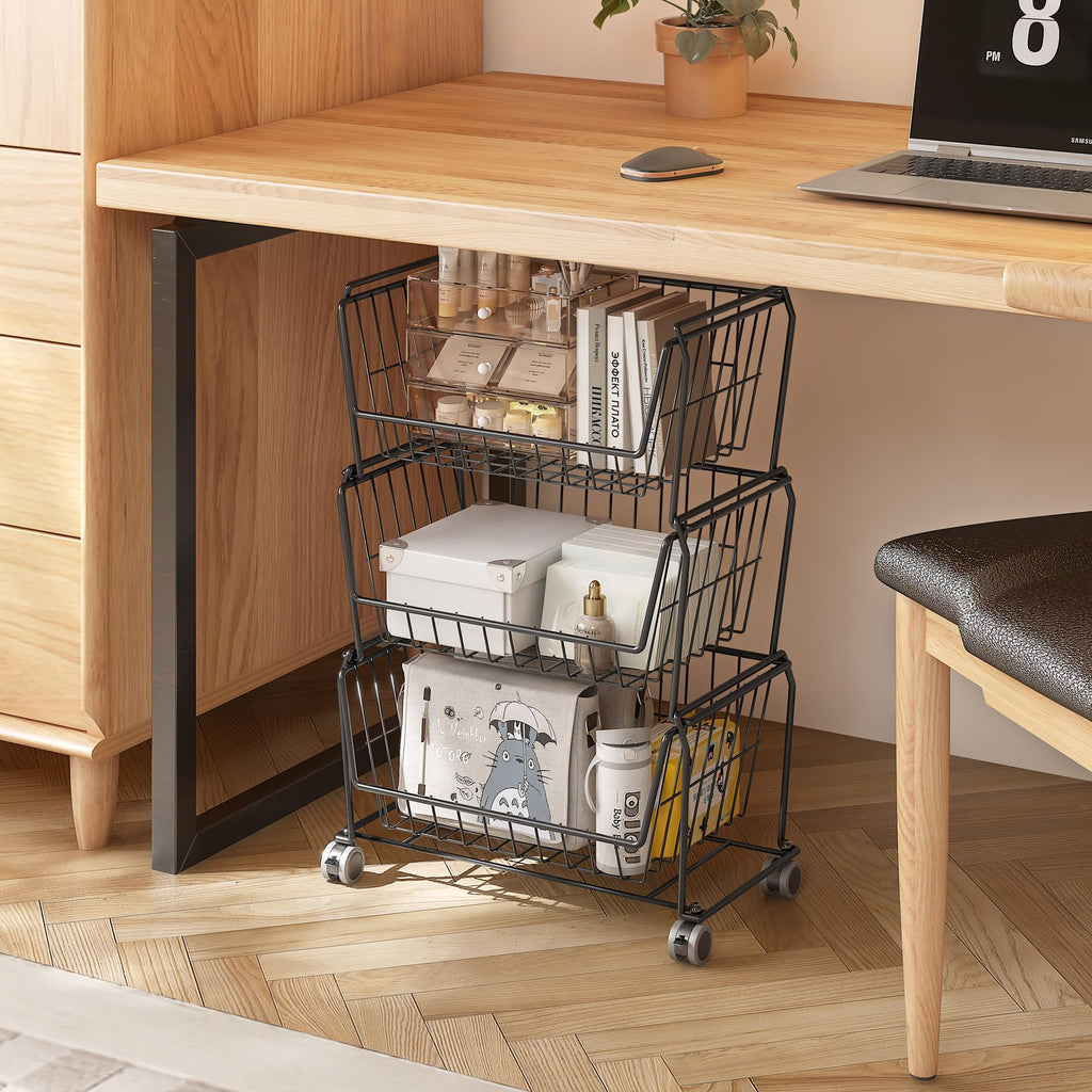 4-Tier Stackable Wire Storage Baskets with Wheels W985