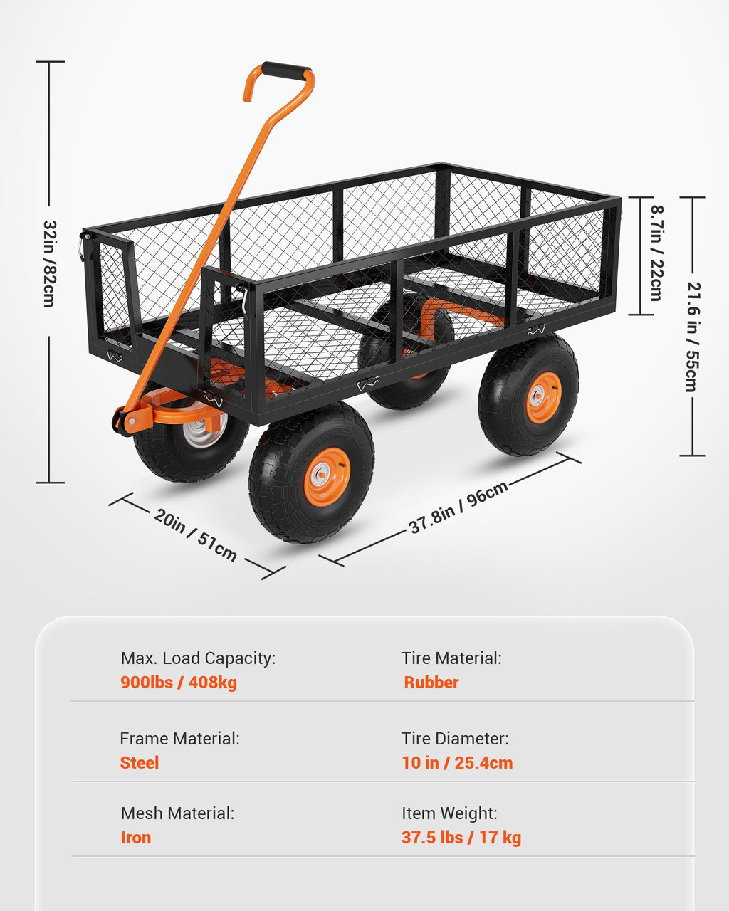Heavy Duty Steel Garden Cart 900 LBS Capacity 3 in 1 Pullable Wagon with 10 in Wheels L8936