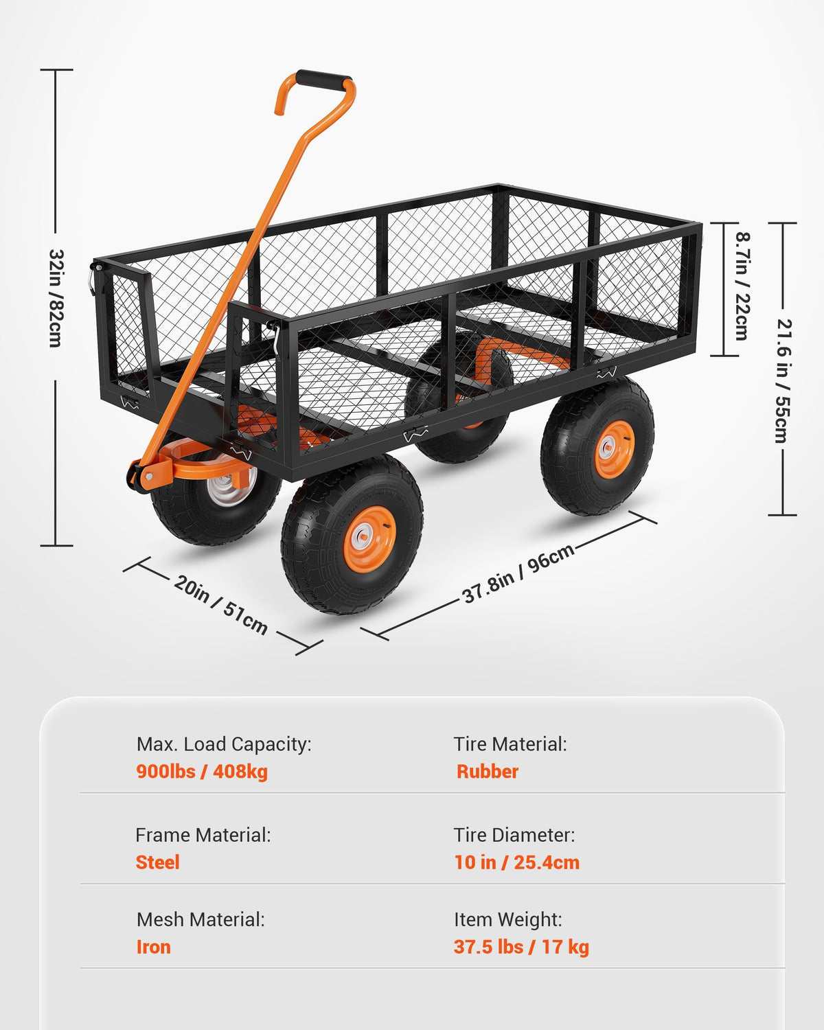 Heavy Duty Steel Garden Cart 900 LBS Capacity 3 in 1 Pullable Wagon with 10 in Wheels L8936