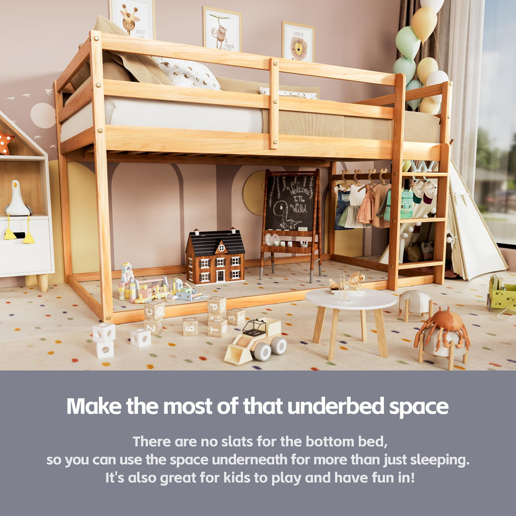 Twin Over Twin Low Bunk Bed with Ladder and Guardrails S785