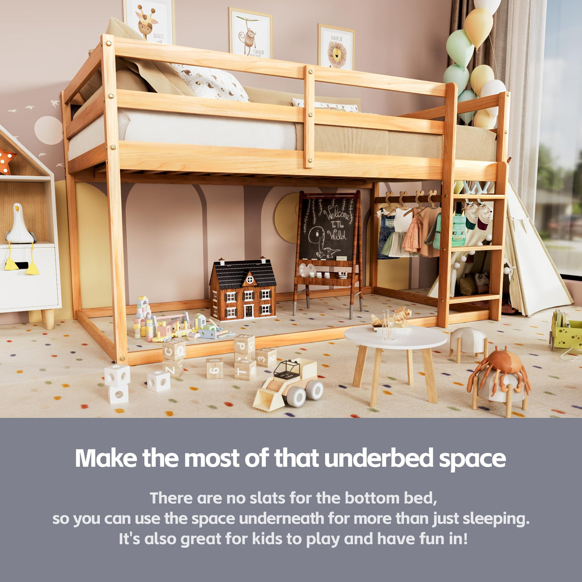 Twin Over Twin Low Bunk Bed with Ladder and Guardrails S785