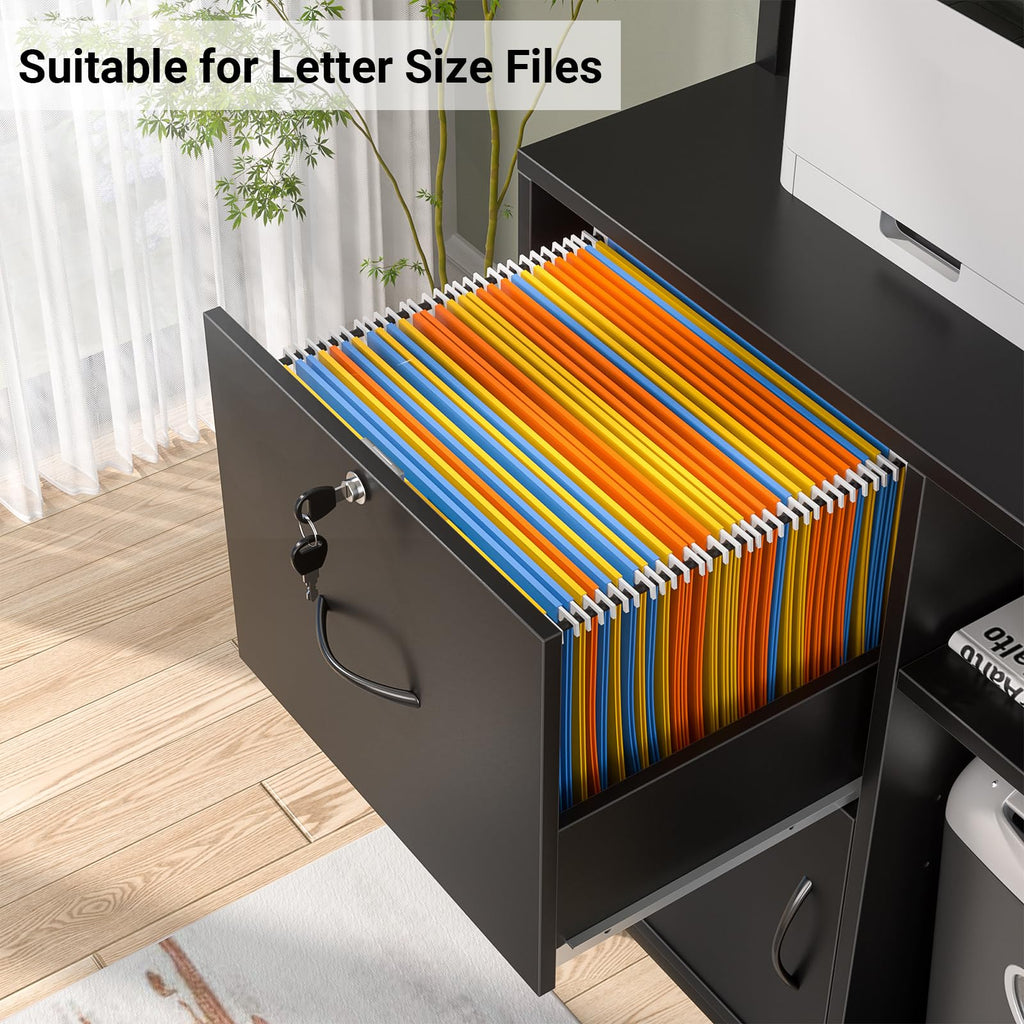 Black Vertical Filing Cabinet with Bookshelf J225