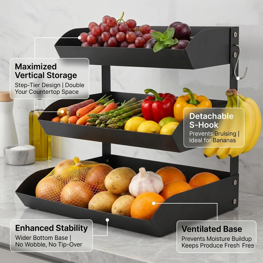 3-Tier Metal Fruit Basket with Banana Holder F554